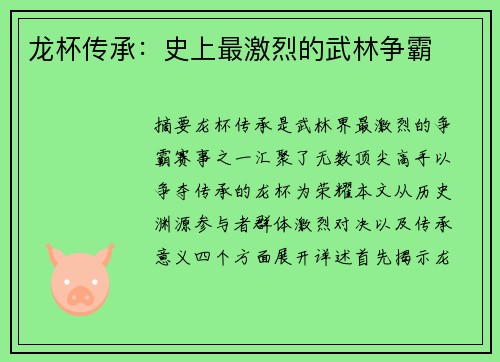 龙杯传承：史上最激烈的武林争霸