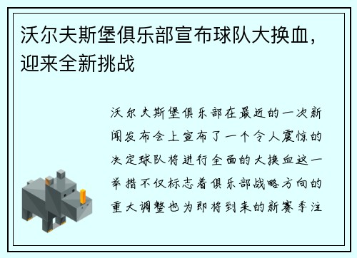 沃尔夫斯堡俱乐部宣布球队大换血，迎来全新挑战